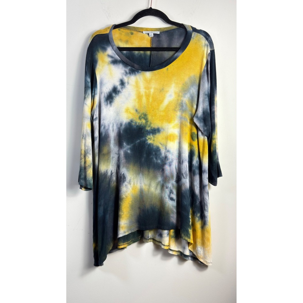 Green Envelope Tunic Top Yellow Gray Tie Dye 3/4 Sleeve Women 1X